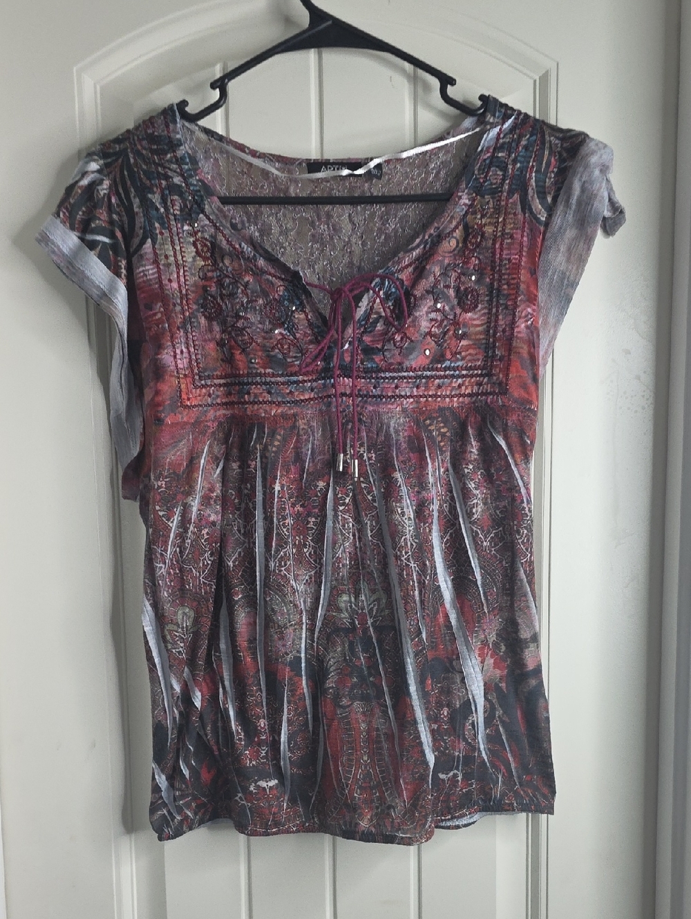 Apt. 9 Red Paisley Tie-Front Embellished Blouse
